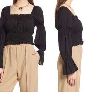 NWT - Open Edit Black Long Sleeve Smocked Blouse